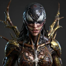 frontal portrait of a emotional venom female, hyper realistic, designed by makoto kobayashi and luca zampriolo, portrait, sexy style, wood and gold details, intricate, extremely detailed, ornate, deep of field, hard surface, exoskeleton, substance designer metal unreal engine. amazing likeness. very detailed.