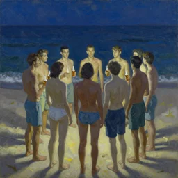 a beautiful painting of people standing in a circle with beers on the beach at night. there are 7 people and they stand together with their backs to us. painting by niko pirosmani.