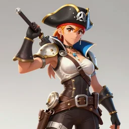 highly detailed, digital art, pixiv fanbox, trending on artstation, ray tracing, volumetric lighting, sharp focus, hq, overwatch style pirate rogue female character, short messy black hair with bangs and violet eyes, arcane, by artgerm, wlop, greg rutkowski, miyazaki hayao