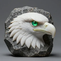 eagle head carved on a rock, green eyes, photorealistic, studio photograph, studio lighting, jewel, artstation