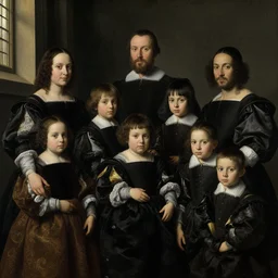 super quality family portrait of the castles garden painted in 1 6 5 6, dark room, one point of light coming through the window inspired by las meninas, clear spaces between each subject and good detail and realistic eyes, faces for each person in the canva, inspired by diego velasquez baroque style