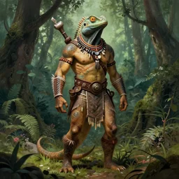 a full body portrait of lizardman warrior, concept art, tribal, detailed forest background, portrait by beksinski and moebius, background by beksinski