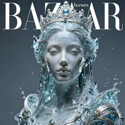 sculpture made of water, portrait, female, future, queen, Harpers Bazaar, Vogue magazine, insanely detailed and intricate, concept art, close up