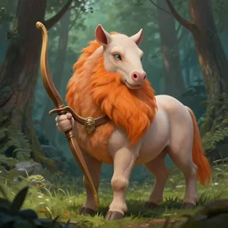 a bald centaur with a big orange beard with a bow in a forest, fantasy art, highly detailed
