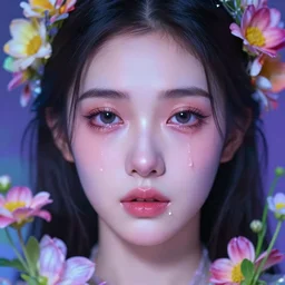 beautiful, young eurasian woman, extremely detailed gorgeous face, looks realistic, hyper-detailed portrait, sad eyes tears, vaporwave aesthetic, synthwave, magical, fantasy, flowers, artist Artgerm and Greg Rutkowski and WLOP