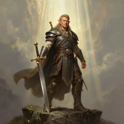 an ultradetailed portrait of robin williams dressed as a fantasy elf barbarian, standing heroically on top of a cliff, d & d, fantasy, intricate, elegant, highly detailed, digital painting, matte, sharp focus, illustration, giant bone cleaving sword, god rays, art by john collier and albert aublet and krenz cushart and artem demura and alphonse mucha