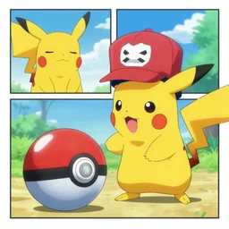 pikachu is a pokemon trainer and catching a human inside a ball, comic strip