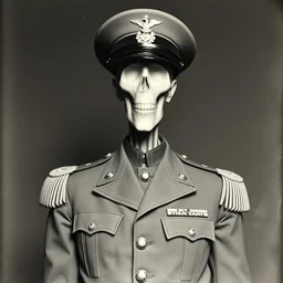 an old photo of the slenderman in a general's uniform, black and white 1 9 2 0 s