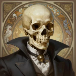 overlord, wearing a suit, skull, portrait, highly detailed, deep focus, elegant, digital painting, smooth, sharp focus, illustration, ultra realistic, 8 k, art by artgerm and alphonse mucha