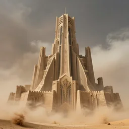 towering alien castle in the desert, detailed angular architecture, geometric ramparts, huge battlements, art nouveau design, intricately detailed infrastructure, haboob, by greg rutkowski, michael kaluta and artstation, epic atmosphere, clouds, photorealism, complex color scheme, uhd