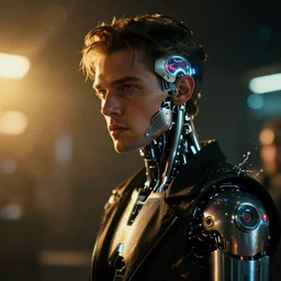 a 3 5 mm photo of a handsome man with cybernetic details led lights and neon with chrome details, dark, chiaroscuro, splash art, movie still, bokeh, canon 5 0 mm, cinematic lighting, dramatic, film, photography, golden hour, depth of field, award - winning, anamorphic lens flare, 8 k, hyper detailed, 3 5 mm film grain