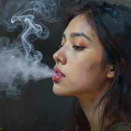 profile side view closeup of smoke coming from the lips of a young filipino woman, thick swirling smoke, by conrad roset, long paint brush strokes, dramatic lighting, abstract painting trending on artstation