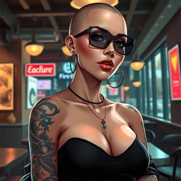 stylish cyberpunk woman with tattoo and bald head, detailed cafe background full body, fine detail, anime, realistic shaded lighting, directional lighting 2 d poster by ilya kuvshinov, magali villeneuve, artgerm, jeremy lipkin and michael garmash and rob rey