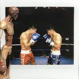 square polaroid photo of two boxers fighting, body worlds,