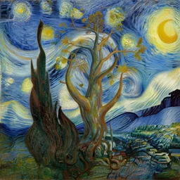 Trending on artstation, highly detailed oil painting of a tree, in the style of Salvador Dalí, in the style of Vincent van Gogh
