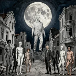 old white - headed man under the huge moon on a street of ruined city by beksinski and takato yamamoto and austin osman spare and edward hopper and mark ryden and tsutomu nihei and mike mignola, very coherent, baroque elements, perfect anatomy, intricate design. surreal art. pop art.