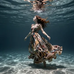 long and wide feminine dress underwater, art by moebius