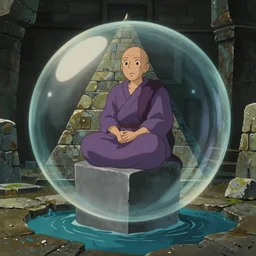 pov hyperrealist, dull colors, interior shot from howls moving castle 2 0 0 4 of a purple monk perched on a grey cube inside a cubic bubble in a flooded stonehenge pyramid. bubble.