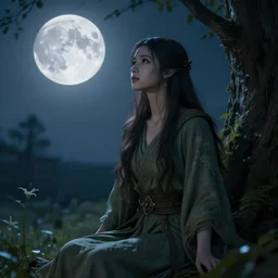 mystical Druid woman under a full moon, nature, ambient lighting, art station, beautiful,
