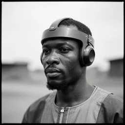 an analogue photo of an Tribal Igbo man wearing sleek futuristic high-tech head gear, black & white, 35mm, f/1.4,