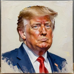 oil paint impasto relief, portrait of trump, lit from above, multi layered thick brush marks, some splattered paint
