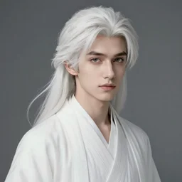 boy with snow white shoulder-length hair, wearing a white flowing robe. beautiful hyperdetailed eyes, concept art, illustration, by greg rutkowski