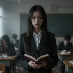 teacher girl the classroom, gloomy and foggy atmosphere, octane render, rembrandt, cgsociety, artstation trending, horror scene, highly detailded