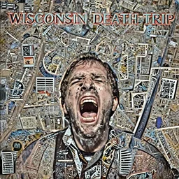 Static - X Wisconsin death trip, Album Cover, Realistic, HDR, Clear Image, Man screaming on the front of thr album with the red text on top saying WISCONSIN DEATH TRIP,