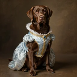 a brown labrador dog sitting wearing princess clothes, renaissance painting, high quality, high detail, portait