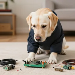 a labrador wearing human clothes, trying to fix electronics