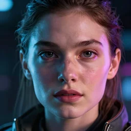VFX movie of a futuristic closeup portrait in high tech compound, beautiful natural skin neon lighting by Emmanuel Lubezki