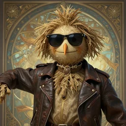 a scarecrow wearing sunglasses and a leather jacket, photography of kurzgesagt, deep focus, d & d, fantasy, intricate, elegant, highly detailed, digital painting, artstation, concept art, matte, sharp focus, illustration, hearthstone, art by artgerm and greg rutkowski and alphonse mucha