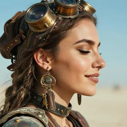 a 2 4 mm lens ultra high resolution extreme close - up photo of a beautiful young woman wearing steampunk costume on burning man. right side profile photo. her eyes are closed and she is smiling. face has very clear features. digital art.