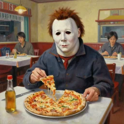 painting of Michael Myers seated in a good restaurant eating a delicious pizza, well decorated, tables, happy, charming, typical, picturesque, sharp focus, wide shot, trending on ArtStation, masterpiece, by Greg Rutkowski, by Ross Tran, by Fenghua Zhong, octane, soft render, oil on canvas, colorful, cinematic, environmental concept art