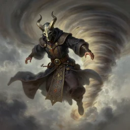 character concept art of wizard wearing horned mask flying inside a tornado, full body shot, fantasy painterly style, intricate details, artwork by ross tran, artgerm, eimbrodered clothing, arms and hands