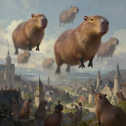 A beautiful, wistful digital fantasy painting of a pod of giant floating capybaras migrating across the sky over a medieval fantasy european town, trending on artstation, by Stanley Artgerm Lau, WLOP, Rossdraws, James Jean, Andrei Riabovitchev, Marc Simonetti, and Greg Rutkowski