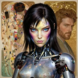 Masterpiece portrait of battle angel Alita drawn by Donato Giancola and Tom Bagshaw, face by Artgerm and Edmund Leighton, Alphonse Mucha, background by James Jean and Gustav Klimt, 4k, robotic body, porcelain skin, komorebi, french nouveau, trending on pixiv, octane render, hyperrealistic