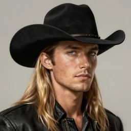 cowboy portrait male, olive skin, long blond hair, black stetson hat, plain background, intricate, elegant, highly detailed, digital painting, artstation, concept art, smooth, sharp focus, illustration, artgerm, rutkowski, briclot