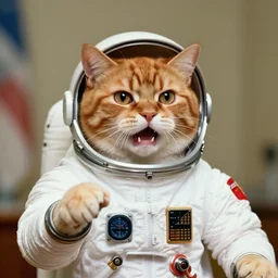 1 9 7 0's color photo of angry ginger cat in spacesuit giving public speech