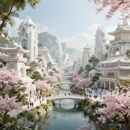 ancient utopian japanese city in paradise, canals, bridges, white marble buildings, tropical, sakura trees, blooms, crowds of people, by leon tukker, zaha hadid, photography, cinematic lighting, octane render, artstation
