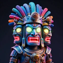 awardwinning photo of a steampunk tiki with three faces, wearing a glowing blue and silver aztec helmet with multicolored tubes and shiny metallic devices, 3 d render, crisp, 8 k, fluorescent colors, insanely integrate