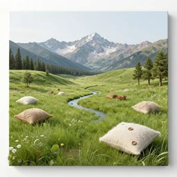 a needle meadow where hills are pillows, mountains in the background are twine, trees are wool, rivers are buttons, an award winning artwork, realistic, beautiful, high quality, professional, raytracing effects