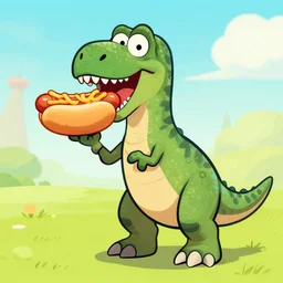 a cartoon t - rex eating a hot dog