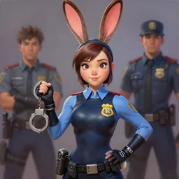 Stunning Portrait of Bunny Ears D.VA from Overwatch wearing a police uniform by Kim Jung Gi, holding handcuffs in one hand Blizzard Concept Art Studio Ghibli. oil paint. 4k. by brom, Pixiv cute anime girl wearing police gear by Ross Tran, Greg Rutkowski, Mark Arian, soft render, octane, highly detailed painting, artstation