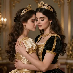 woman love woman, sweet hugs, royal dress, gold trim, atmoshperic, elegant, sharp focus, by 3 8 0 light & color female reference pictures, trending on artstation, intricate details