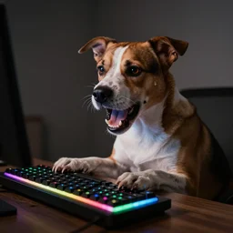 barking angry dog typing on  rgb keyboard photo dramatic lighting