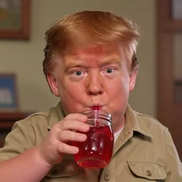 fat little ginger donald trump, wearing khaki shirt, drinks jelly from jar, in a room, closeup, headshot, concept art, artstation, disney, pixar, dreamworks, tyler edlin, feng zhu, jparked, thomas karpi