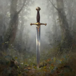 rusted sword within a foggy forest, oil painting, by greg rutkowski