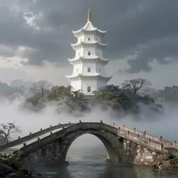 yangzhou wuting bridge, white pagoda, mysterious light and shadow, by ivan laliashvili, very detailed, digital art, trending on artstation, masterpiece