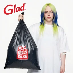 Glad Trash Bag advertisement with Billy Eilish actually wearing a trash bag, while advertising trash bags